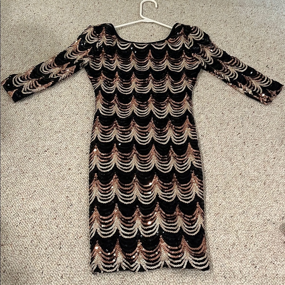 Crystal Doll Black and Gold Sequin Long Sleeve Dress